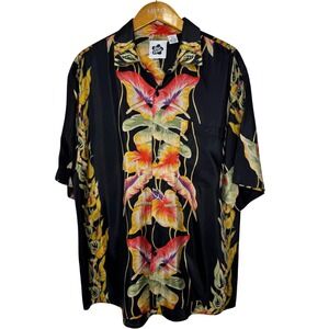 Hilo Hattie Silk Shirt Mens Large Hawaiian Floral Print Black